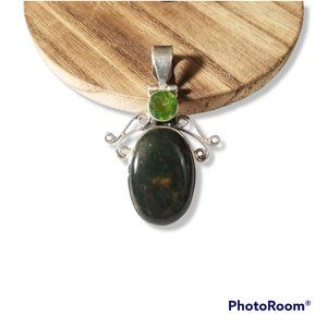 Dark Moss Agate Oval Pendant with Peridot In Sterling Silver